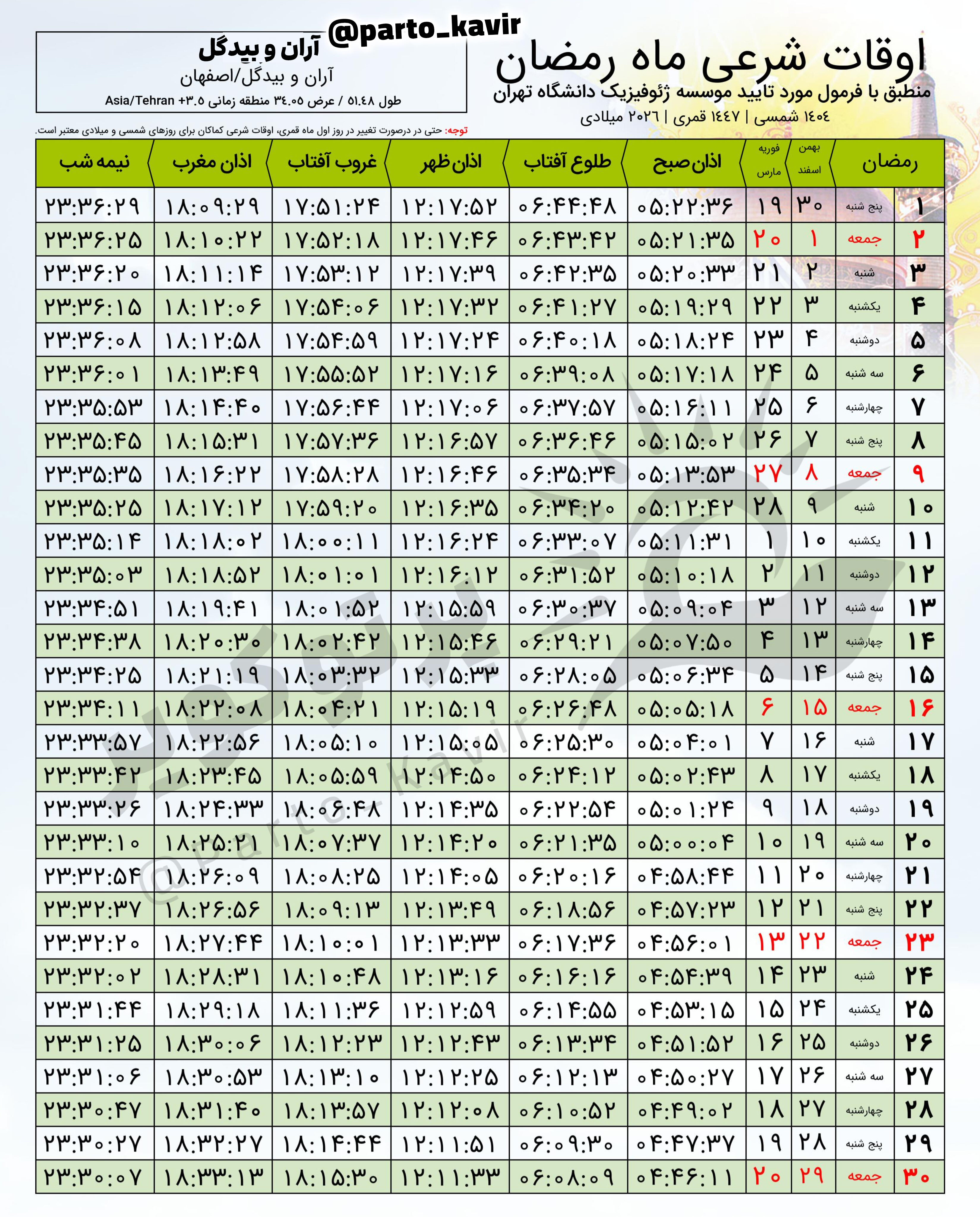 اوقات شرعی ماه رمضان آران و بیدگل - ۱۴۰۴ _ ۱۴۰۵ 