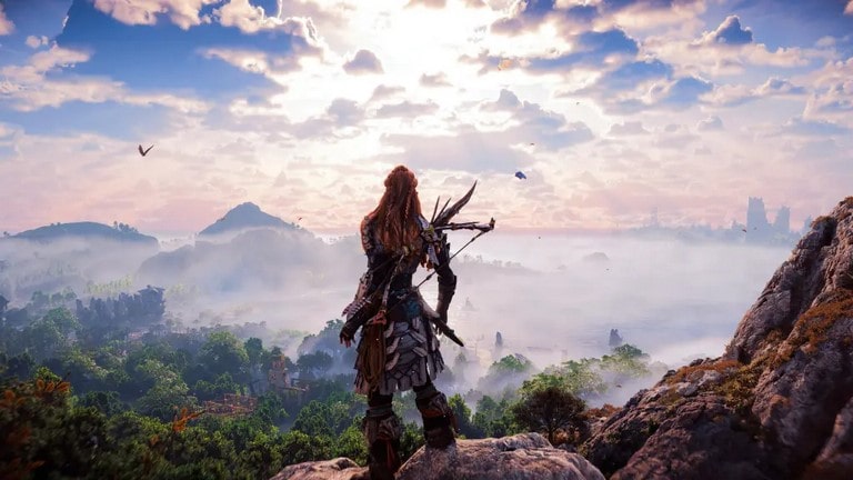 الوی ایستاده بر صخره با چشم انداز جهان فوربیدن وست بررسی بازی Horizon Forbidden West