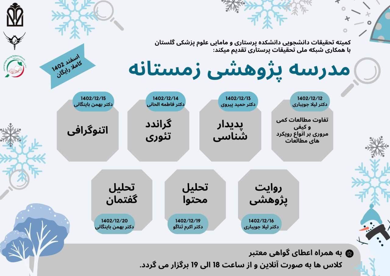 کارگاه های مدرسه از ۱۲ اسفند شروع می شود و به مدت ۷ روز است  به صورت مجازی و با اعطای گواهی معتبر  برای شرکت فرم ثبت نام را پر کنید  مهلت ثبت نام تا ۸ اسفند .  لینک فرم ثبت نام مدرسه زمستانه  https://docs.google.com/forms/d/e/1FAIpQLSf-1bbPi5yaDCetvyja2Kf50r-VVh8lQVTEMxsEnWyqLPm4kw/viewform?usp=sf_link  دکتر پیروی - دکتر الحانی - دکتر باینگانی - دکتر ثناگو - دکتر جویباری  مدرسه زمستانه تحقیقات کیفی با همکاری شبکه ملی تحقیقات پرستاری و دانشگاه علوم پزشکی گلستان